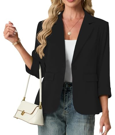 GRECERELLE Blazers for Women Suit 3/4 Sleeve Ladies Jackets Elegant Formal Notched Lapel Cardigans Office,Work,Wedding Coats Causal Outerwear with Pockets, Buttons