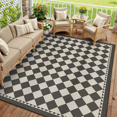 PureCozy Outdoor Teppich Wohnzimmer 300x400cm Outdoorteppich Wetterfest Balkon Schwarz Beige Kariert Teppiche Jute Optik Waschbarer rutschfest Carpet Esszimmer Terrassen Garten BüRo Indoor Groß Rug