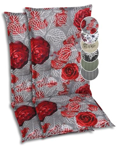 GO-DE Textil Bequeme und attraktive Polsterauflagen für Hochlehner-Gartenstühle (2er-Set, Red Roses grau, Hochlehner)