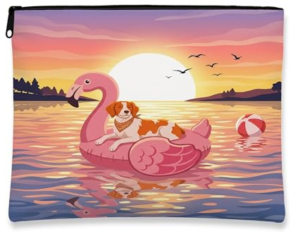 Funny Brittany Dog Makeup Bag, Flamingos Lifebuoys Sea Cosmetic Travel Pouch for Women Girls, Portable Small Canvas Zipper Organizer, Pet Toiletry Bag 7x9 Inch