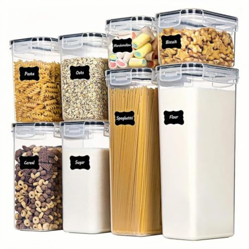 Set di 8 contenitori ermetici per cereali, con coperchio, impilabili, per pasta, farina, zucchero, riso e avena, organizer da cucina con etichette e 1 pennarello