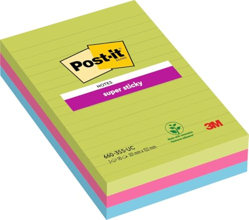 Post-it Superklibbiga stora anteckningar, blandade färger, fodrade, 101 mm x 152 mm, 90 ark/dyna, 3 dynor - självklistrande anteckningar för anteckningar, att göra-listor och påminnelser