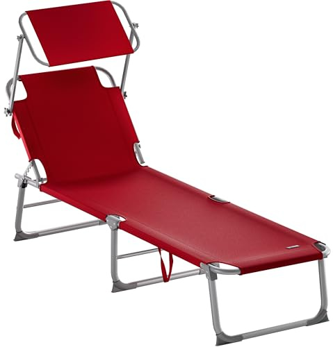 Casaria Sonnenliege klappbar mit Sonnendach wetterfest Rot | Aluminium, 190x60 cm, 130 kg Belastbar, tragbar, Garten, Pool, belastbar, Liegestuhl, Klappliege