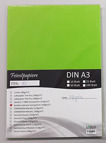 LYSCO® Feinstpapier-Set mit 25 Blatt DIN A3 Transparentpapier Zanders Spectral 100g/m² Farbe giftgrün transparent exzellente Durchsicht, sehr gute Qualität, mögliche Verwendung: Einladungen, Visitenkarten, Einlegeblätter für Alben, Fotoalben, Gutscheine, Fensterbilder, Bastelarbeiten und vieles mehr