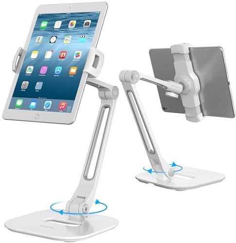 AboveTEK Long Arm Aluminium Tablet Ständer, Klapp iPad Ständer mit 360 ° Swivel Clamp Halterung, passt 4-11 Display Tablet/Handys für Küchentisch Nachttisch Schreibtisch POS Kiosk Empfang