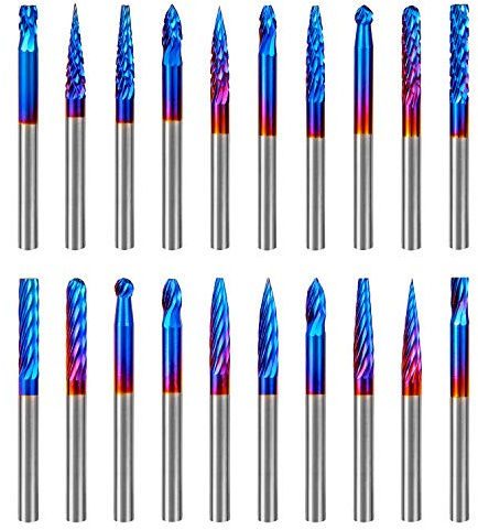 Hakkin 20 Pcs Carbide Rotary Burrs Set, End Mill CNC Router Bit, 1/8 Shank Nano Blue Coating Ball Nose End Mill, Double Cut Coat Rotary Drill for Die Grinder Woodworking, Engraving, Drilling, Carving