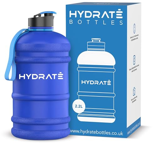 HYDRATE - Botella de agua XL de 2,2 l, sin BPA, a prueba de fugas, tapa abatible, ideal para gimnasio, recipiente transparente con material extra fuerte, perfecto para deportes, rugby y sobre