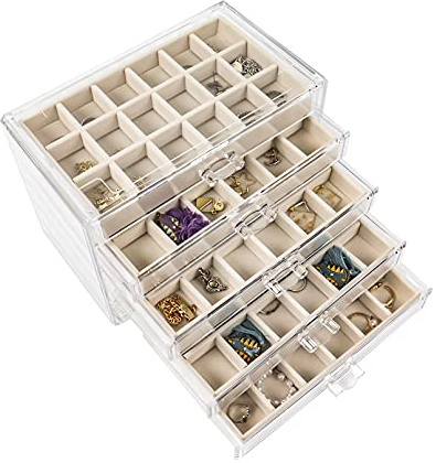 Nwvuop Acryl-Schmuckkästchen mit 5 Schubladen, verstellbarer Ohrring-Aufbewahrungshalter, klarer Schmuckaufbewahrungs-Organizer für Ringe, Ohrringe, Halskette, Make-up, Kosmetik-Aufbewahrungsbox,