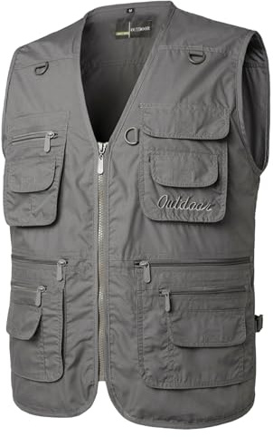 Yukirtiq Men's Multi Pocket Fishing Vest Camping Outerwear Waistcoat Jacket Cotton Sleeveless Traveling Hiking Gilet Photography Top, Grey, XL