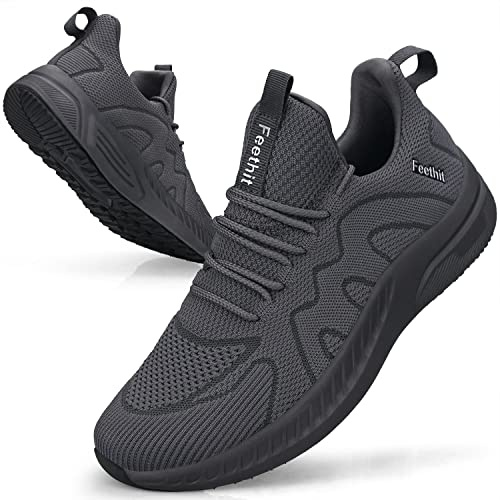 Feethit Trainers Men Running Shoes Tennis Sports Training Walking Gym Athletic Fitness Fashion Sneakers Trainers for Men Breathable Lightweight Comfortable Outdoor Shoes for Jogging Dark Grey UK 7