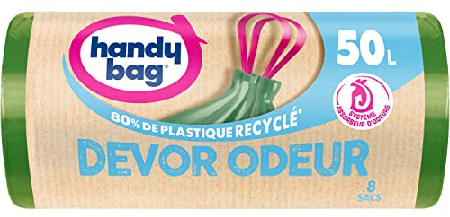 Handy Bag - Sacs poubelle à poignées coulissantes Dévor Odeur 50L x 8 sacs - Système absorbeur d'odeurs - Ultra Résistant - Étanchéité maximale - 80% plastique recyclé