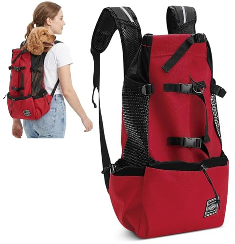 ALLSOPETS Hunderucksack Tragetasche Verstellbar für Kleine Mittelgroße Hunde, Haustier Rucksack zum Spaziergang Wandern Camping Bergsteigen Reisen (Edelsteinrot, XL)