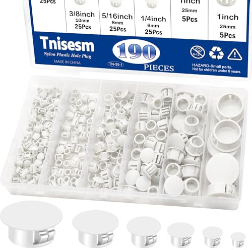 Tnisesm 190Pcs 9 Sizes Nylon Plastic Hole Plugs 1/5 1/4 5/16 3/8 1/2 5/8 3/4 7/8 1Round Drill Hole, Flush Type Panel Knockout Locking Plugs,Screw Covers for Furniture Cabinet Insert End Caps