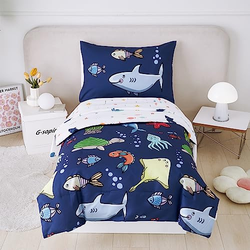 STYHO Navy Blue Toddler Bedding Ocean Animal Printed Duvet Cover for Boys Girls Reversible Underworld Marine Life Cot Bed Duvet and Pillowcase Set(Navy Blue, Cot Bed)