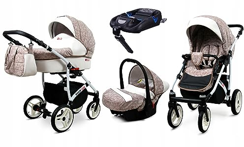 BabyLux® Kinderwagen Set 4 in 1 - White Lux - incl. Babywanne, Buggy Sportsitz, Auto-Babyschale, ISOFIX-Basisstation - Autositz - Kinderwagenset - Kombikinderwagen mit Wickeltasche usw.