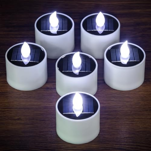 Yakpo 6 Pack Cool White Solar Powered Flameless Tealights, Rechargeable Outdoor Waterproof LED Flickering Electric Solar Tea Light Candles Flicker Fake LED Votive Candle Bulk for Outside Decorations