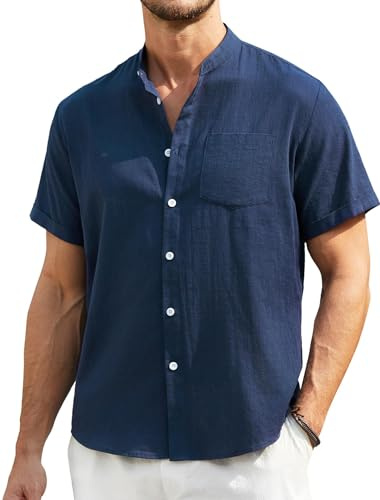 Enlision Herr linne skjortor kortärmad farfar krage kraglösa skjortor för män vardag sommar strand Henley skjorta Button Down S-4XL