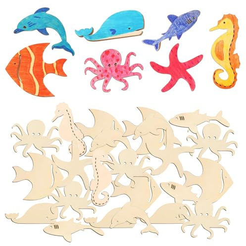 Meerestiere Holzscheiben 100 Stück DIY Meerestiere Holzornamente Malen Seestern Fisch Oktopus Seepferdchen Meerestiere Holzscheibe Holztier Holzausschnitt Tierausschnitte Ozean Tiere Diy Ausschnitte
