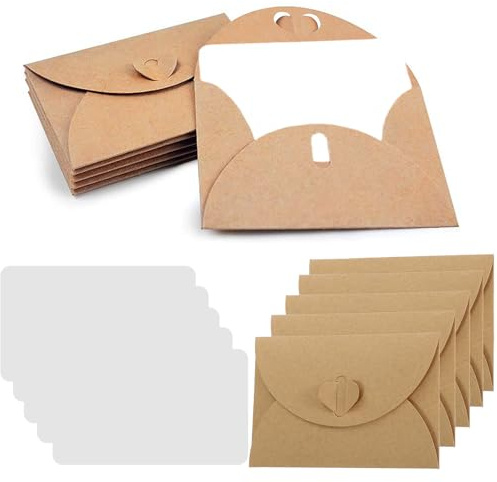 Kraftpapier Umschläge 30 Stück Mini Briefumschläge mit 30 Stück Karten Set, Vintage Kraftpapier Umschläge Blanko Kärtchen Kleine Briefumschläge mit Herz Verschluss für Geschenkkarten DIY Dankeskarten
