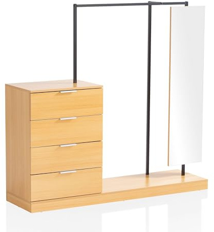 FineBuy Garderobe Eiche-Dekor 145x138x40,5 cm Flurgarderobe Modern, Kompaktgarderobe für Schuhe, Jacken, Schals und Mützen, Kleiderständer Flur mit Kommode, Kleiderstange und Spiegel Braun