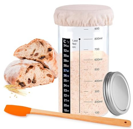 BDHI Sourdough Starter Kit with 1000ml Jar, Thermometer, Feeding Band, Scraper, Cloth Cover, and Metal Lid for Sourdough Baking
