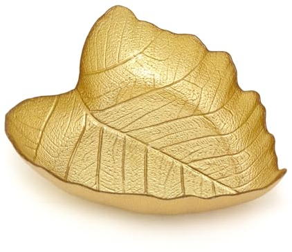 Carousel Home Gold Glass Leaf Trinket Bowl | Trinket Tray Leaf Shaped Dish Storage Display Vanity Dish | Botanical Vanity Tray - 16x14cm