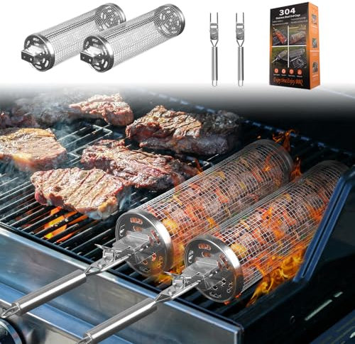 Longzhuo 2 unidades de rejilla para barbacoa, cestas para parrilla de acero inoxidable, con dos asas extraíbles de acero inoxidable, cesta para parrilla, apta para asar verduras, carnes, frutas