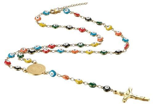 Flongo Böses Auge Rosenkranz Halskette: Y-Halskette mit Kreuz Anhänger Gold Böses Auge bunt Edelstahl Rosenkranz Jungfrau Maria katholische religiöse kette Damen Herren Katholizismus Virgin Mary