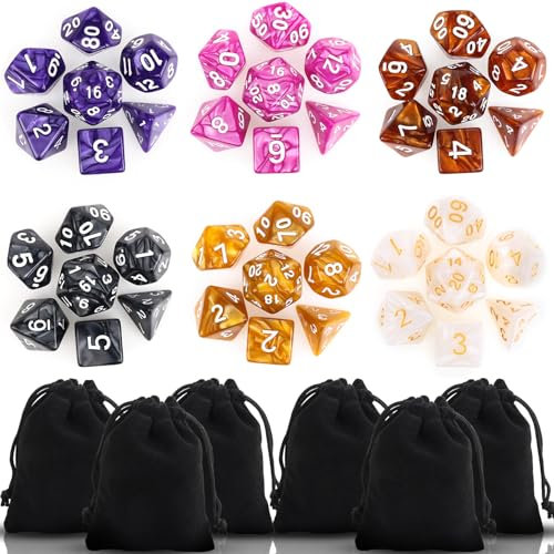Unvtap Polyedrische Würfel Set 6 x 7 (42 Stück) FarbSpielwürfel mit 6 Samtbeutel, Pokerwürfel Tischspiel Würfel, Polyedrische Würfel Brettspiel Kartenspiel Partyspiele Kinder Spiele Tischkartenspiele
