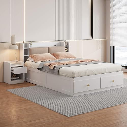 YCYDHDM Doppelbett Holzbett 140 x 200 cm mit Stauraum-Kopfteil und Nachttisch, Stauraumbett mit Schubladen, Bettgestell mit Lattenrost, Bett für Kinderzimmer und Gästezimmer, Ohne Matratze, Weiß