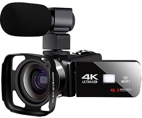 MZZYG Caméra vidéo Caméscope numérique à Vision Nocturne 4K HD 48M Home WiFi Live Streaming Camcorder DV Appareil Photo numérique(Black+Hood+Mic)