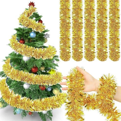XULEGGNK 5 Stück Weihnachtsgirlande Gold 2M, Lametta Weihnachtsbaum Girlande Gold, Glänzend Girlande Weihnachten Tannengrün, Weihnachtsbaumdeko Weihnachten Für Outdoor, Kamine,Treppe, Goldene Deko