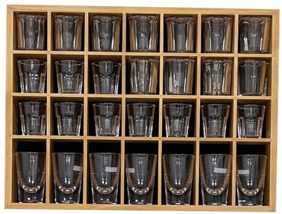 Shot Glass Display Case, Stylish Natural Varnished Glass Display Case for Display, 28 Slots Freestanding & Wall Mountable Shot Glass Holder, Perfect for Collectors - (with 1 Row for Tall Shooters)