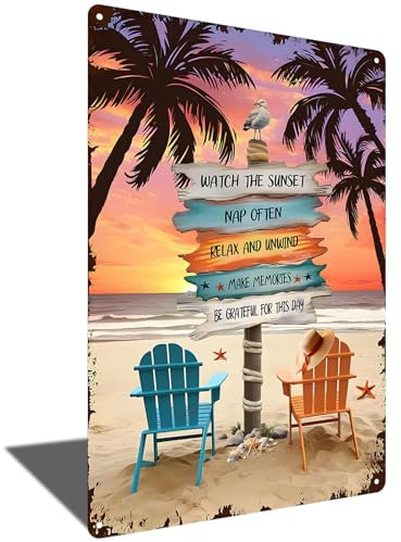 Tropical Sunset Beach Tin Sign Vintage Palm Tree Decor – Relaxing Metal Wall Art for Bedroom, Bar, or Beach House, 8x12 Inch Retro Beach Vibes (2478)