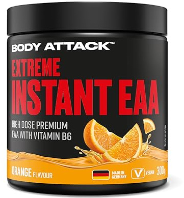 Body Attack Extreme Instant EAA Pulver Orange 300 g | vegan, 8 essentielle EAA Aminosäuren für eine proteichreiche Ernährung & intensives Training - Ideale 2:1:1 Ratio