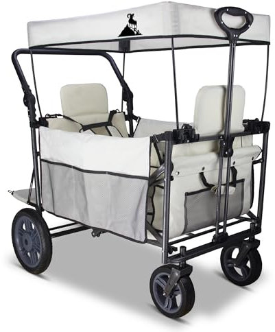 TOPWELL Folding Wagon, Portable Camping Cart, Collapsible Foldable Trolly with Quick-release Big Wheels, Collapsible Pull along Wagon 265LB, 2 Seats, Adjustable Handle (Beige)