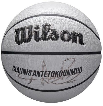 Wilson Pallone da Basket NBA Player Icon UV, Design Antetokounmpo, Con Schermatura Uv e Texture Pure Feel, Offre Un Rivestimento Con Presa Sicura e Un Rimbalzo Affidabile, Colore: Grigio, Taglia: 7.
