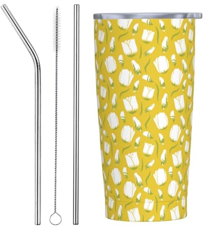 Vaso de 20 onzas con tapa y pajita, tulipanes, flores, amarillo y blanco, vaso aislado de acero inoxidable, vaso de café personalizado, taza de viaje, botella de agua