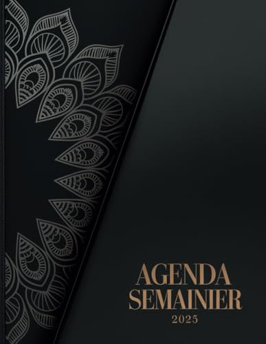 Agenda 2025 Grand Format A4: 2 pages sur 1 semaine , Grille Vertical avec Heures 07h-21h , Jolie Couverture Mandala Noir