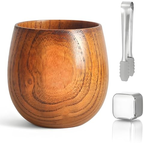 GOODTAKE Wooden Whiskey Glasses & Whiskey Ice Balls & Ice Tongs, Premium Handcrafted Wooden Bourbon Glass for Men, Old Fashioned Glass for Whiskey Lovers Christmas, Birthday, Wedding Gift (Set of 1)
