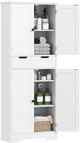 HOMCOM Tall Bathroom Cabinet, Freestanding Storage Cupboard, Bathroom Storage Cabinet with Drawer, Shelves and Doors, 60 x 30 x 160 cm, White
