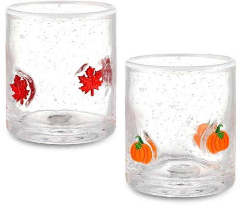Mimorou 2 Pcs Fall Icon Juice Glass 14 Ounce Pumpkin Maple Leaf Themed Drinking Cocktails Glasses for Party, Autumn Cute Double Old Fashioned Reusable Cups for Home Bar Decor Lovely Gifts