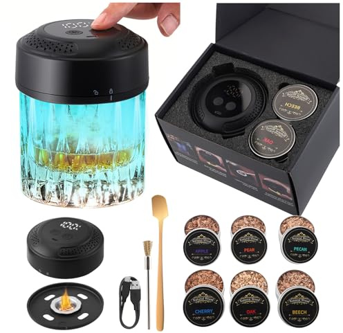Farbige Lichter Whisky Smoker Set mit 6 Holzchips, Farbigen Lichtern USB-C Wiederaufladbare Cocktail Smoker Kit für Bourbon Whiskey Bier Cocktails Wein, Drink Smoke-r Geschenk für Vater, Ehemann