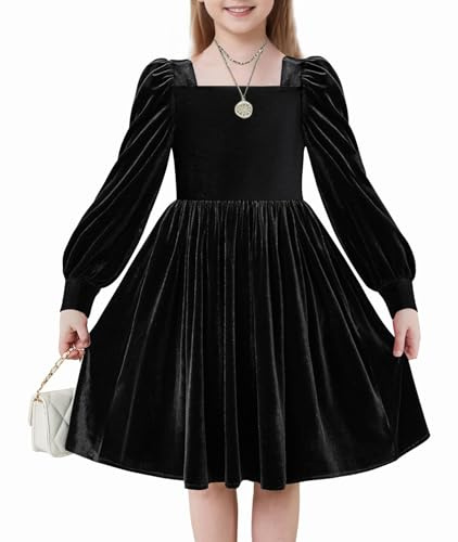 Arshiner Niñas Vestidos Terciopelo Invierno Elegante Festivo con Cuello Cuadrado Mangas de Linterna Casual Manga Larga Vestidos para Niños 12-13 Años Negro