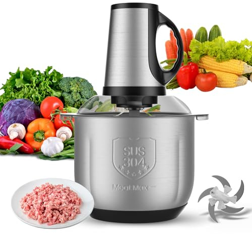 4L Food Processor, Electric Food Chopper with 5 Upgraded Double S-Shaped Blades, 304 Stainless Steel Bowl, 300W Powerful Pure Copper Motor, 3 Speeds, Great for Meat, Vegetables