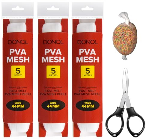 DONQL 5M PVA Mesh Carp Fishing with Scissors, 3 Pcs PVA Bags Carp Fishing, 45 Fast Water Soluble Mesh Bags Refill Bait (44MM)