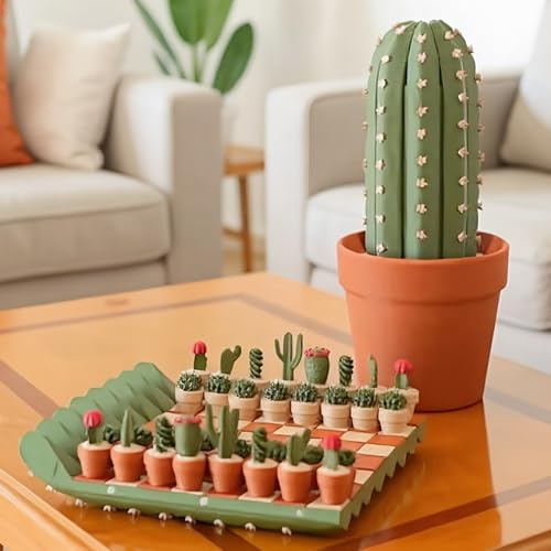 Kanoauo Kakteen Schachspiel | 3D Gedrucktes Kakteen Schachspiel | Tragbares Schachbrett Deko Für Reisen Erwachsene Anfänger Zuhause Büro Geburtstag