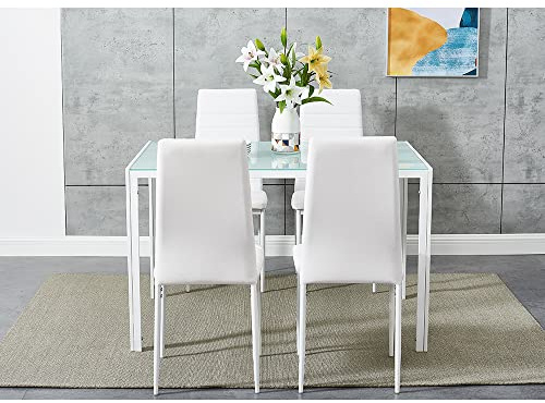 Panana Dining Table and Chairs, Set of 4. Tempered Glass Dining Table with 4 PU Leather Dining Chairs. Dining Room Table Sets for Home and Kitchen Furniture (White, 105x60x75cm)