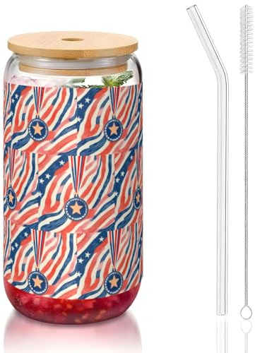 YBGHDAA Star Printing - Vaso de cristal con tapas y pajita, 16 onzas, ideal para whisky, cerveza, té
