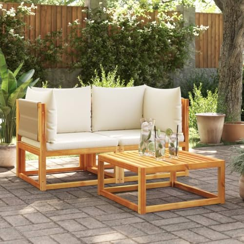 Teenpull Gartensofa-Ecke mit Kissen, 2-teiliges Set aus massivem Akazienholz, Seilgeflecht, cremeweiße Polsterung, für Terrasse & Garten